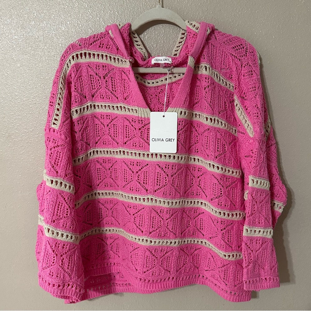 Olivia Grey Pink and Cream crochet Sweater/hoodie XL (NWT)